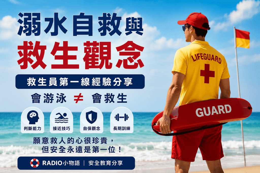 溺水自救與防溺觀念示意圖，介紹水母漂及水域安全知識