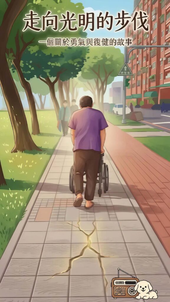 長輩坐輪椅由照顧者推行，說明社區無障礙設施與防跌倒觀念的重要性。