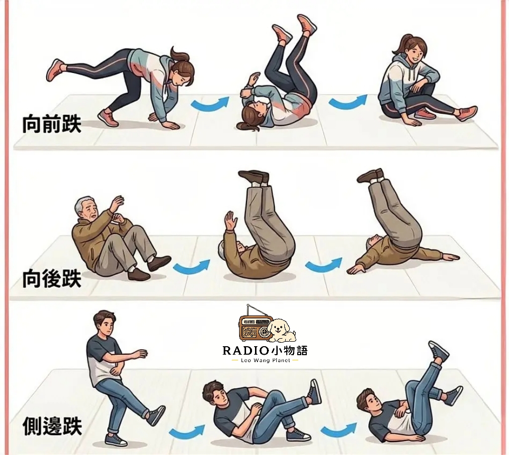 柔道護身倒法示意圖，說明向前跌、向後跌及側跌時的保護動作與緩衝方式。