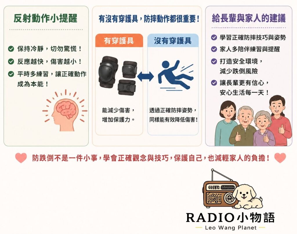 長輩防跌倒觀念與護具使用示意圖，介紹護腕、護肘、護膝及正確跌倒保護觀念。
